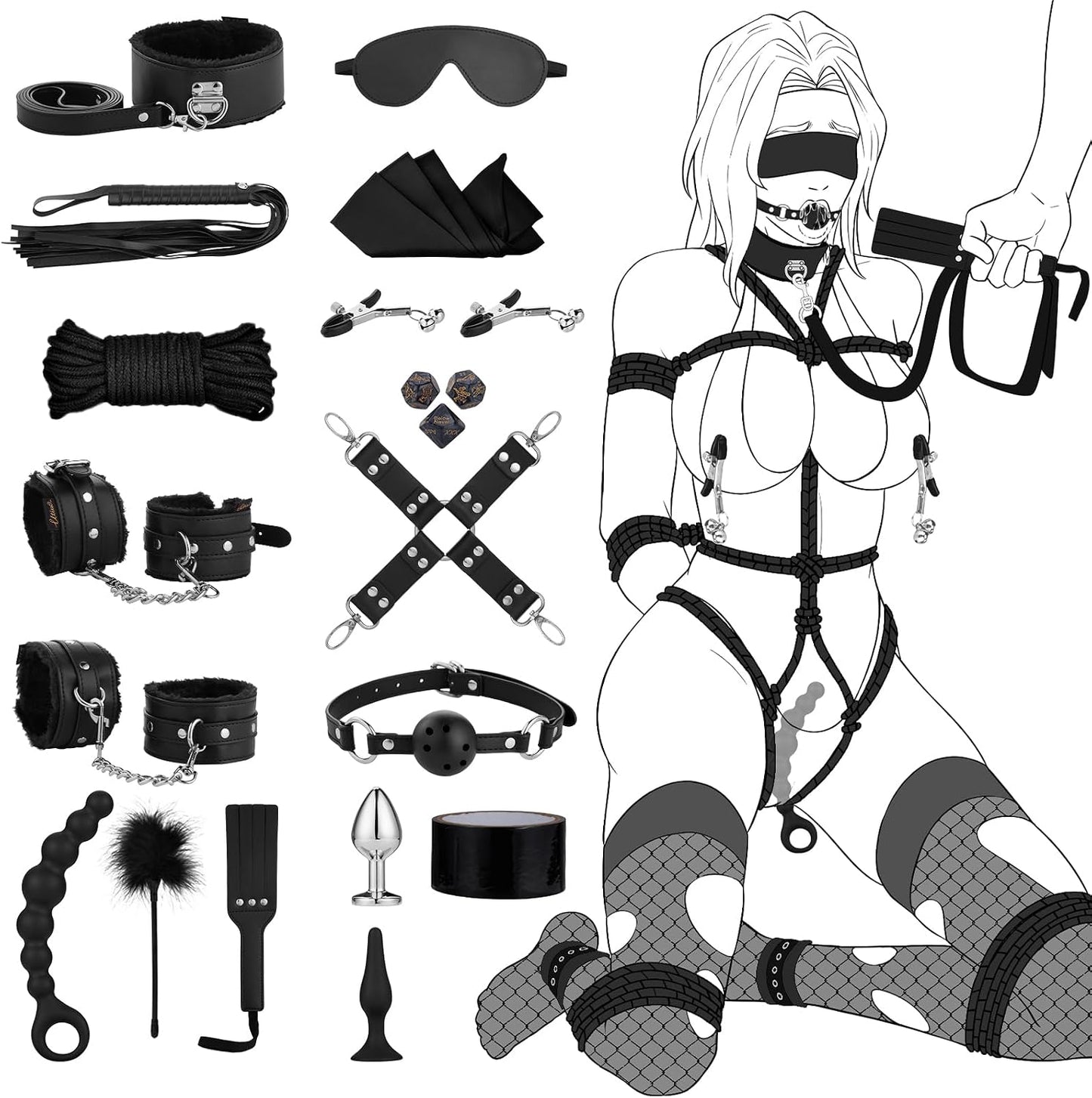 Kit BDSM de Contrainte de Sexe Menottes - Améliorez les Ensembles de Contrainte avec Menottes Réglables, Collier, Menottes de Cheville, Dés, Perles, Plug Anal, Jeux Adultes, Jouets Sexuels pour Hommes Femmes et Couples Prélude | 17 PIÈCES