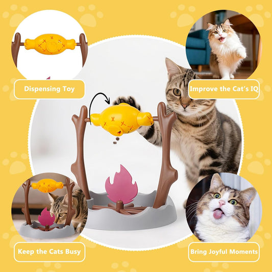 Cat Slow Feeder, Interactive Cat Puzzle Toy Treat Dispenser - BBQ Campfire Grill Design, Adjustable Rotating Roast Fish Flame Mental Stimulation Food Dispensing Toy for Indoor Cats Kittens