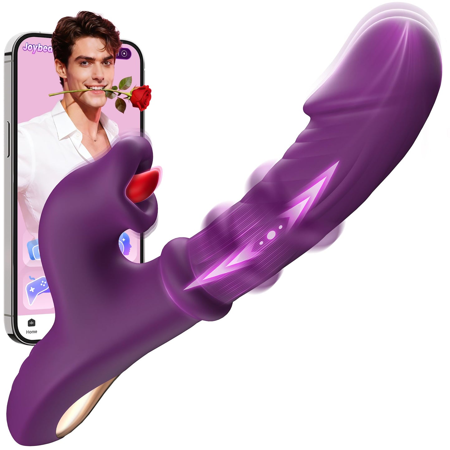 Thrusting Vibrator for Women, G Spot & Rabbit Sex Toy | 7 Thrusting Dildo Modes 10 Tongue Licking Vibration, Sliding Ring Stimulation, Soft Silicone, USB Rechargeable, AI Sync Game