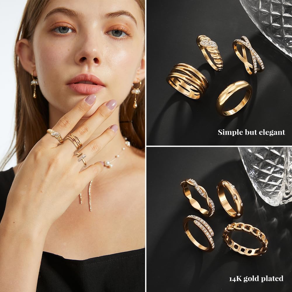 20Pcs Stackable Rings for Women, Gold Black Silver Knuckle Ring Set, Dainty Chunky Statement Rings for Daily Wear Party Wedding Travel