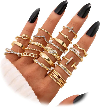 20Pcs Stackable Rings for Women, Gold Black Silver Knuckle Ring Set, Dainty Chunky Statement Rings for Daily Wear Party Wedding Travel