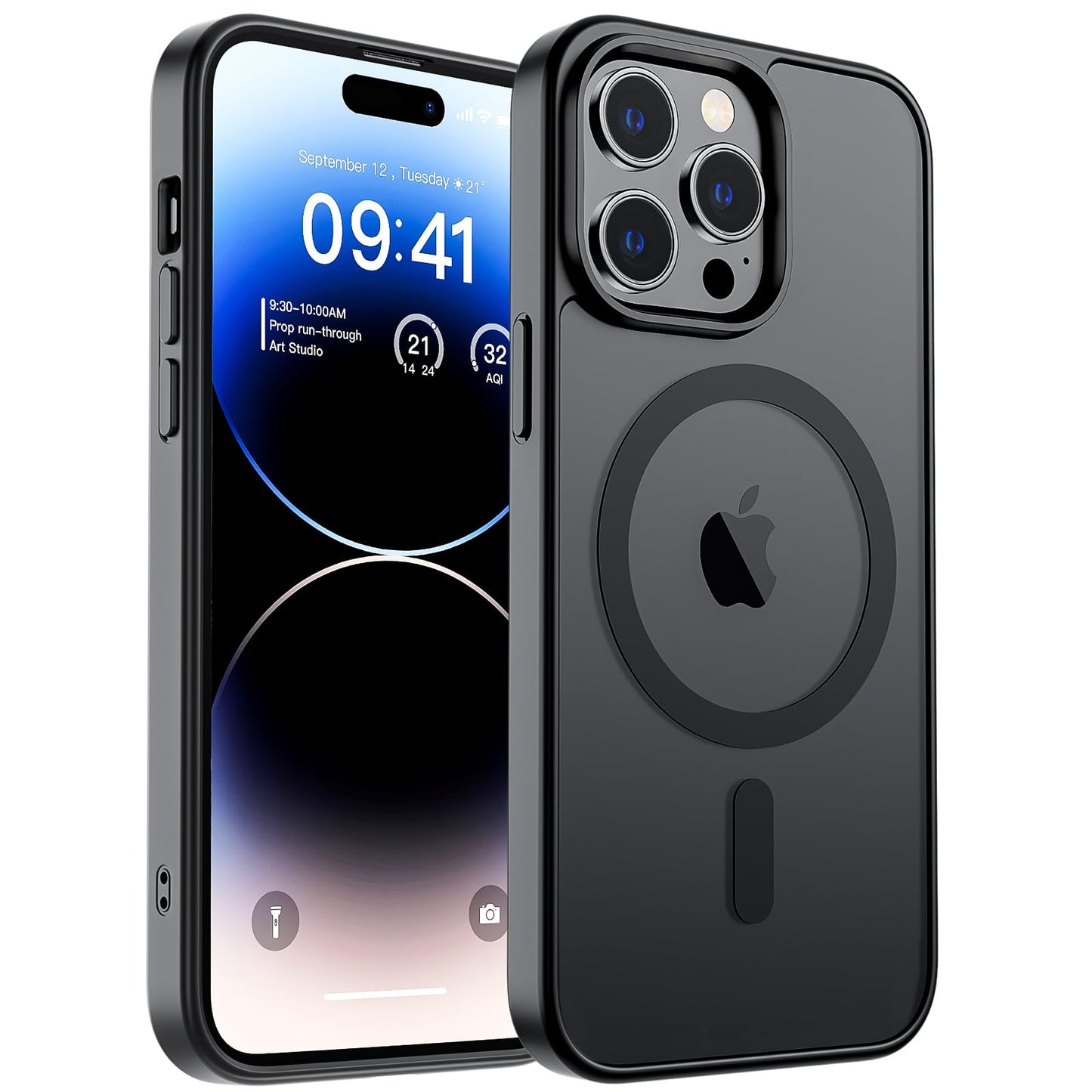 Magnetic for iPhone 14 Case & iPhone 13 Case (Compatible with MagSafe)(Military Grade Drop Protection) Translucent Matte Shockproof Phone Cover,Black