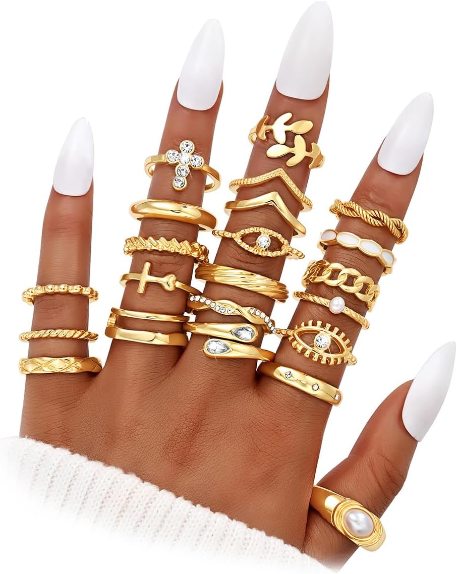 Dodder Gold Stackable Rings Set for Women, Gold Plated Chunky Crystal Finger Midi Stacking Rings, Dainty Statement Thumb Knuckle Rings Pack for Gift, Multiple Sizes Jewelry