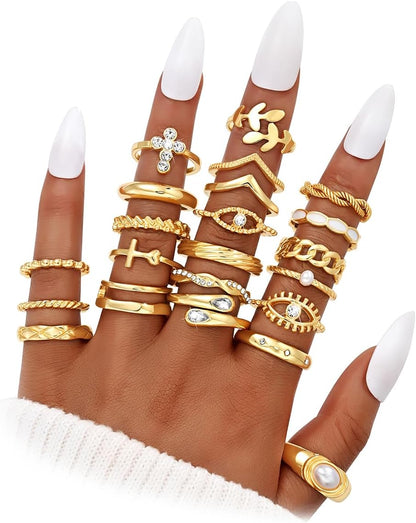 Dodder Gold Stackable Rings Set for Women, Gold Plated Chunky Crystal Finger Midi Stacking Rings, Dainty Statement Thumb Knuckle Rings Pack for Gift, Multiple Sizes Jewelry