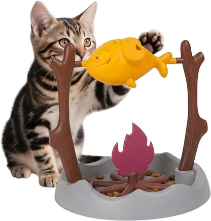 Cat Slow Feeder, Interactive Cat Puzzle Toy Treat Dispenser - BBQ Campfire Grill Design, Adjustable Rotating Roast Fish Flame Mental Stimulation Food Dispensing Toy for Indoor Cats Kittens