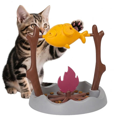 Cat Slow Feeder, Interactive Cat Puzzle Toy Treat Dispenser - BBQ Campfire Grill Design, Adjustable Rotating Roast Fish Flame Mental Stimulation Food Dispensing Toy for Indoor Cats Kittens