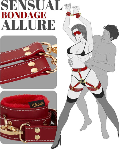 Sex Bondage BDSM Kit Restraints 6PCS Sets with Adjustable Handcuffs Ankle Cuff Thigh Cuffs Blindfold Cross Strap Waist Strap Adult SM Games Sex Toys for Men Women and Couples