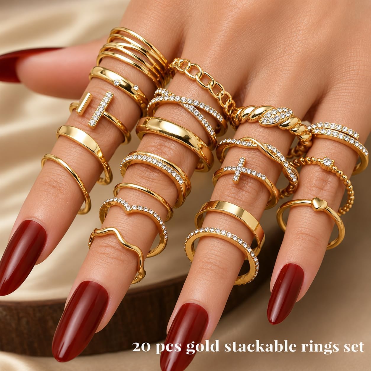 20Pcs Stackable Rings for Women, Gold Black Silver Knuckle Ring Set, Dainty Chunky Statement Rings for Daily Wear Party Wedding Travel