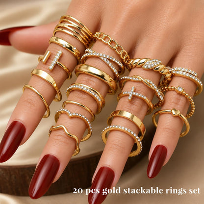 20Pcs Stackable Rings for Women, Gold Black Silver Knuckle Ring Set, Dainty Chunky Statement Rings for Daily Wear Party Wedding Travel
