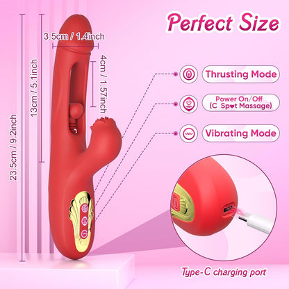 Internal Thrusting Realistic Dildo for Women, Rabbit Vibrator, G-Spot Dildo | Dual-motor rabbit dildo with clitoral stimulation, rose-inspired design, and 9 thrusting & vibration modes.