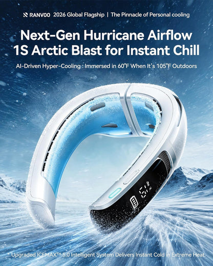 RANVOO AICE LITE MAX 2026 Real AC Cold Blast [No.1 Coolest & Most Durable] AI Neck Air Conditioner, Best Immersive Neck Cooler, 6000 mAh Rechargeable Neck Fan Blow Cold Air, Summer Gifts for Mom White