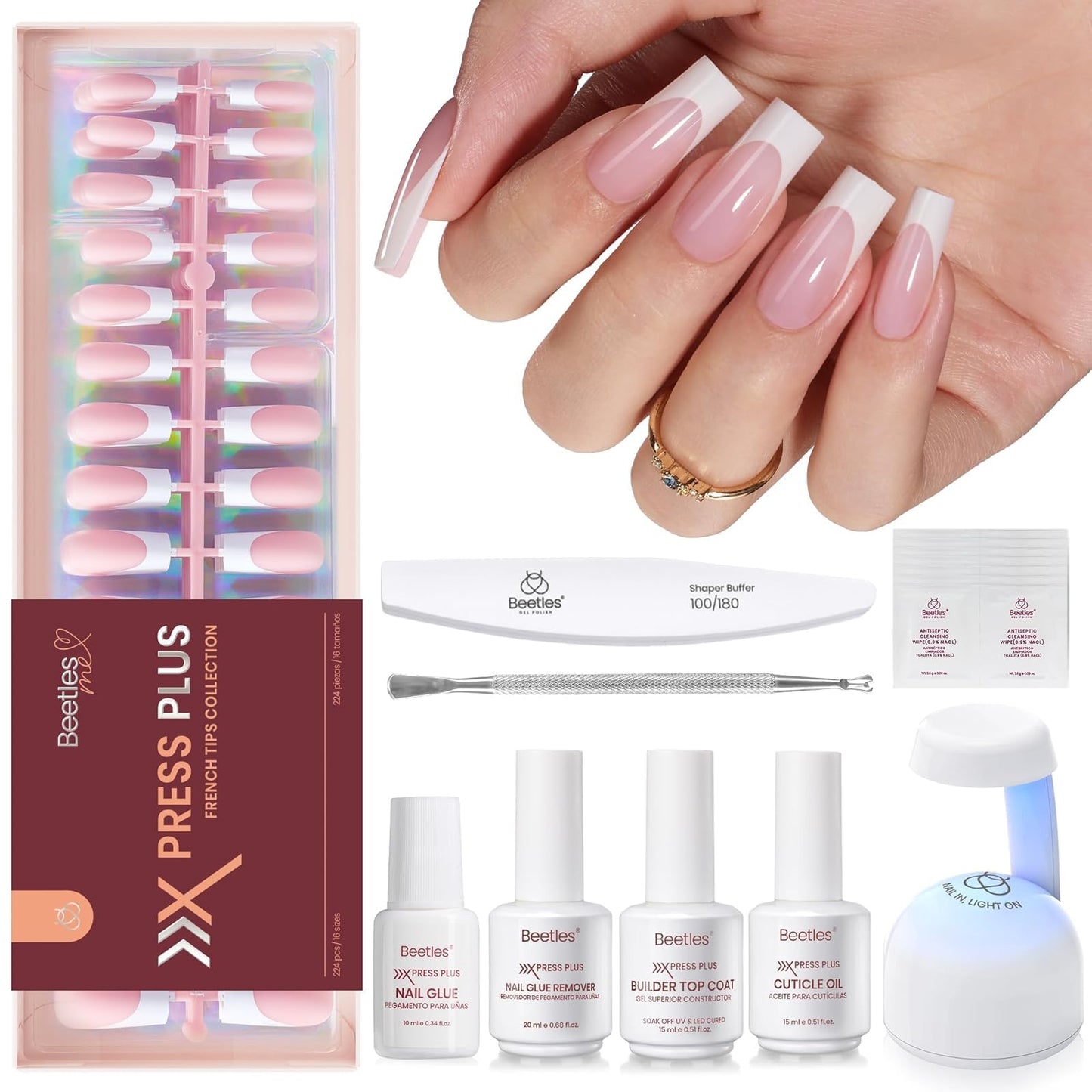 Beetles French Tips Press On Nails: 150 Pcs Pink Short Square Press On Nails Fake Nail Tips, Reusable Acrylic Gel Nail False Nails Art DIY Gifts For Women