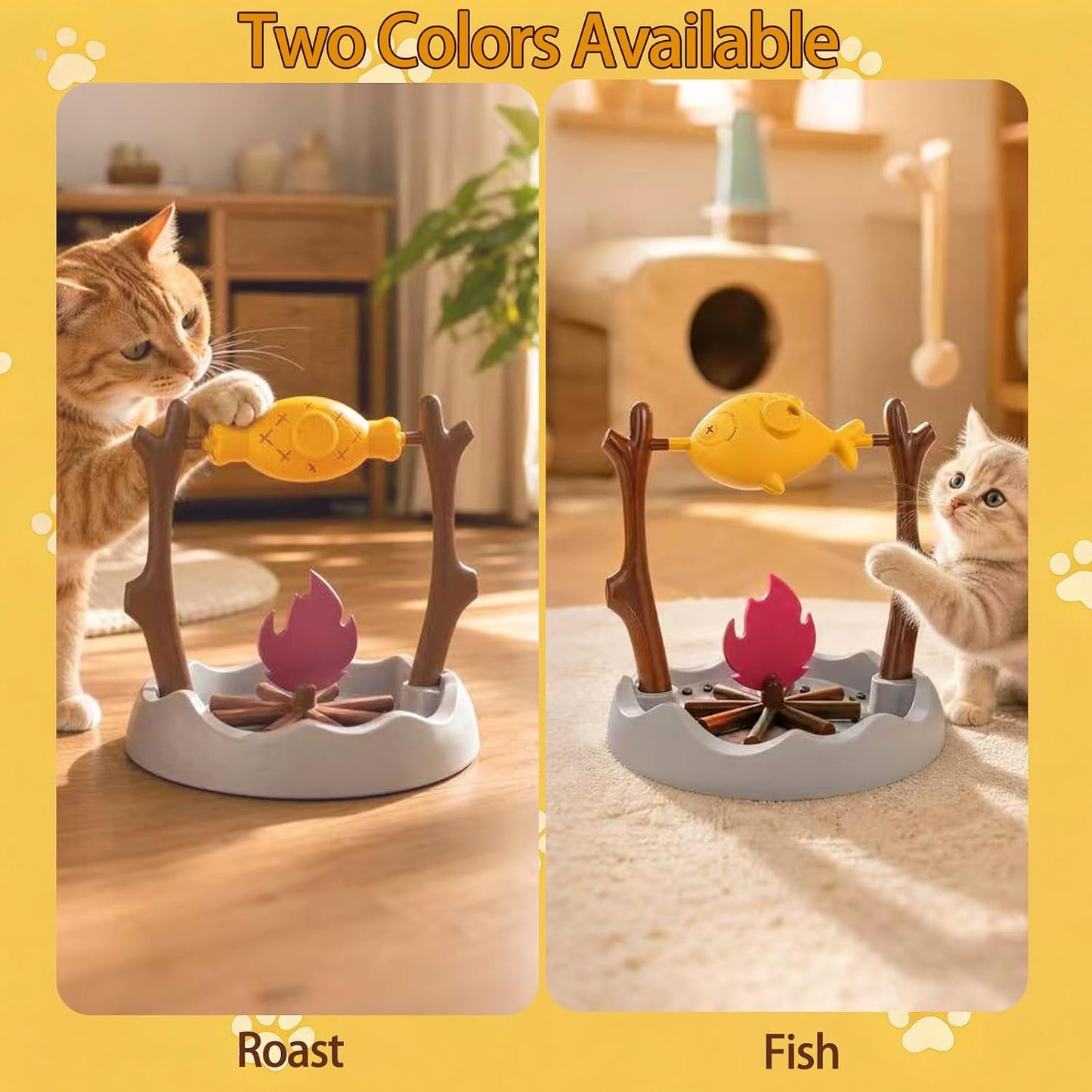 Cat Slow Feeder, Interactive Cat Puzzle Toy Treat Dispenser - BBQ Campfire Grill Design, Adjustable Rotating Roast Fish Flame Mental Stimulation Food Dispensing Toy for Indoor Cats Kittens