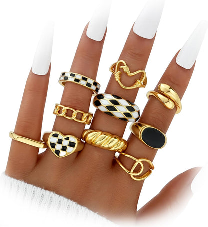 Dodder Gold Stackable Rings Set for Women, Gold Plated Chunky Crystal Finger Midi Stacking Rings, Dainty Statement Thumb Knuckle Rings Pack for Gift, Multiple Sizes Jewelry