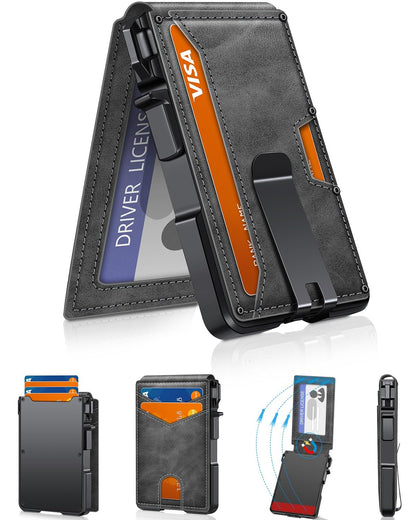 Wallet for Men, Mens Minimalist Wallet 9-13 Cards, Slim Compact Wallet with Money Clip & ID Window, RFID Blocking Smart Pop Up Card Wallet, Metal Aluminum Credit Card Holder Bifold Wallet