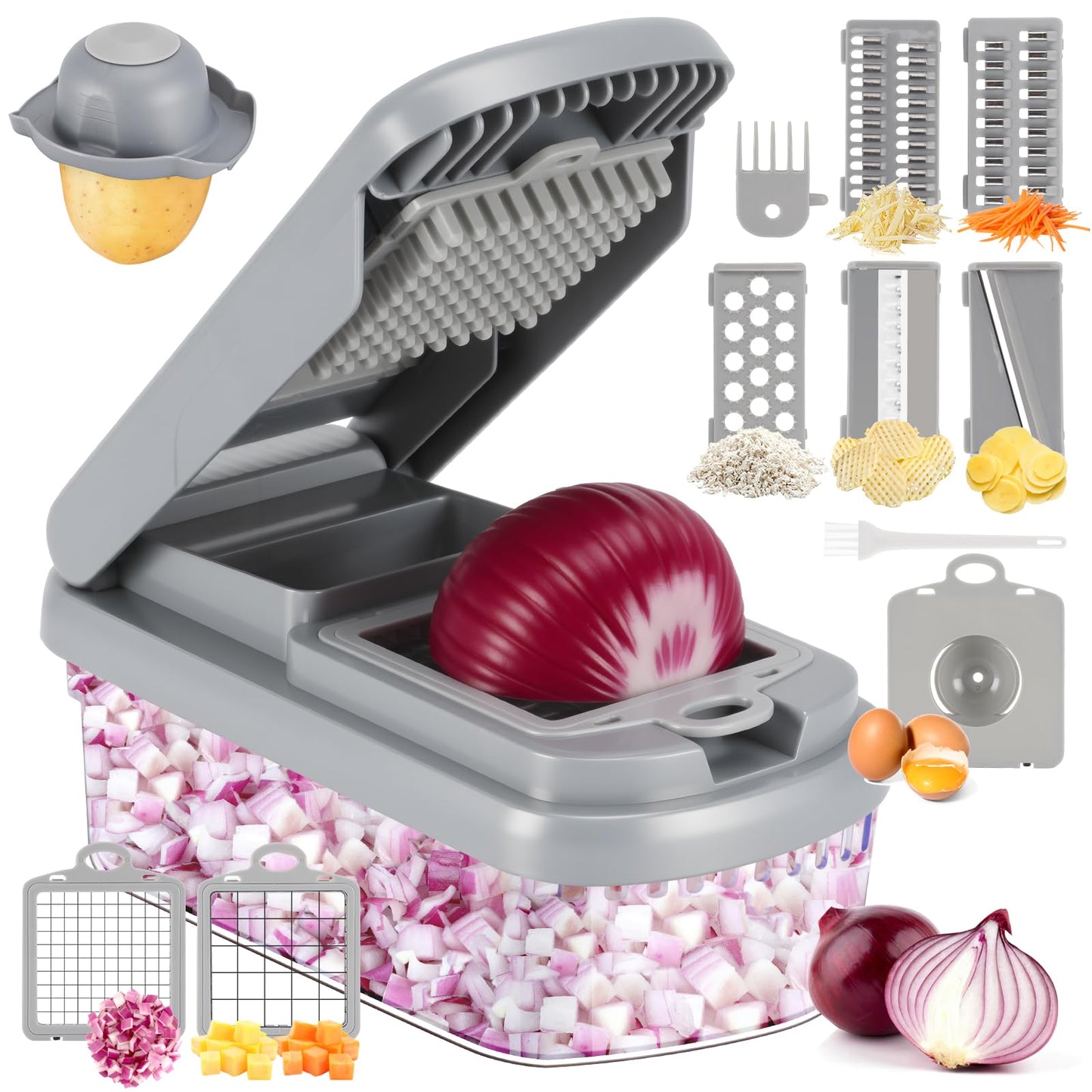 Vegetable Chopper,12-in-1 Multifunctional Food Chopper,Professional Onion Chopper with 7 Blades,Vegetable Cutter with Container for Salad,Potato,Carrot,and Garlic; Essential Kitchen Tool(Grey)