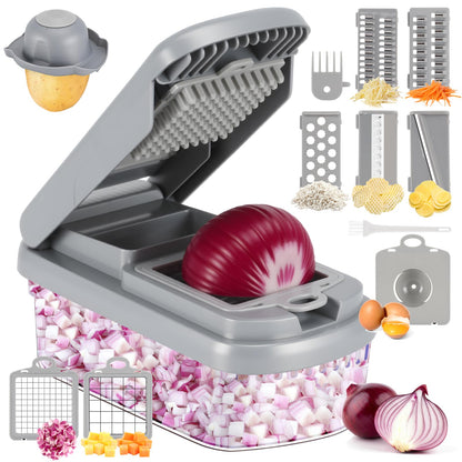 Vegetable Chopper,12-in-1 Multifunctional Food Chopper,Professional Onion Chopper with 7 Blades,Vegetable Cutter with Container for Salad,Potato,Carrot,and Garlic; Essential Kitchen Tool(Grey)