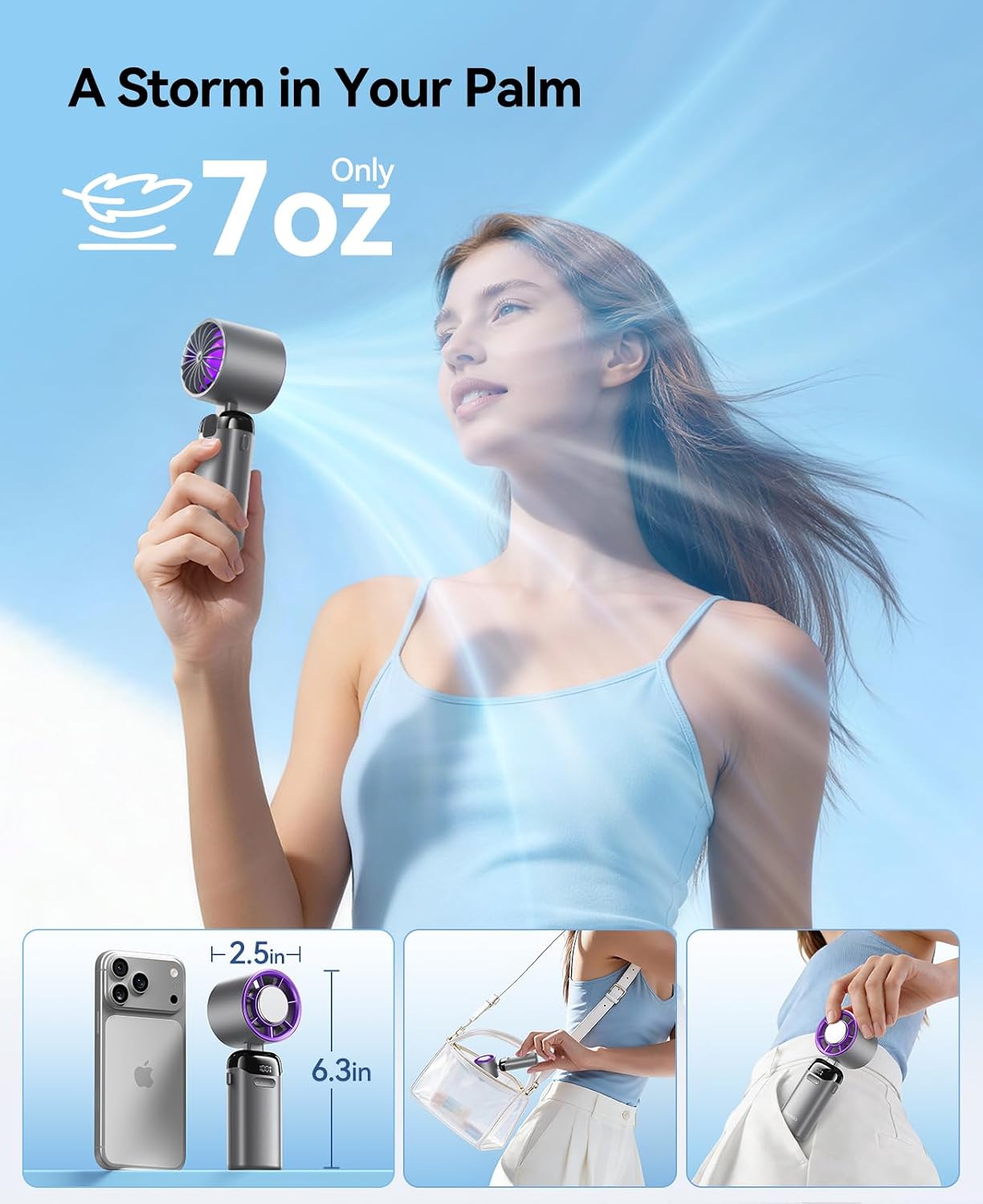 Handheld Portable Turbo Fan with Ice Cooler, Powerful 21000 RPM, Speed (1-199), Up to 14Hrs Cooling, Rechargeable Personal Fan, Small Pocket Hand Fans for Travel/Outdoor/Home/Office (Grey)