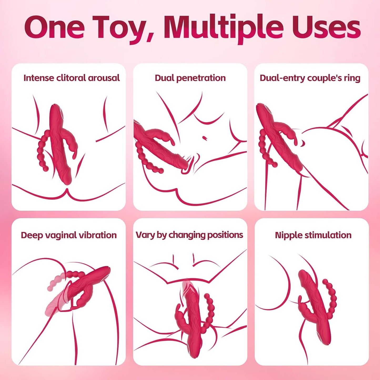 Rabbit G Spot Dildo Vibrator Adult Sex Toys for Women, 3 in 1 Vaginal Anal Beads Clitoris Double 10 Vibration Modes Silicone Nipple Stimulator Massager for Female Couple Play & Games (Rose Red)
