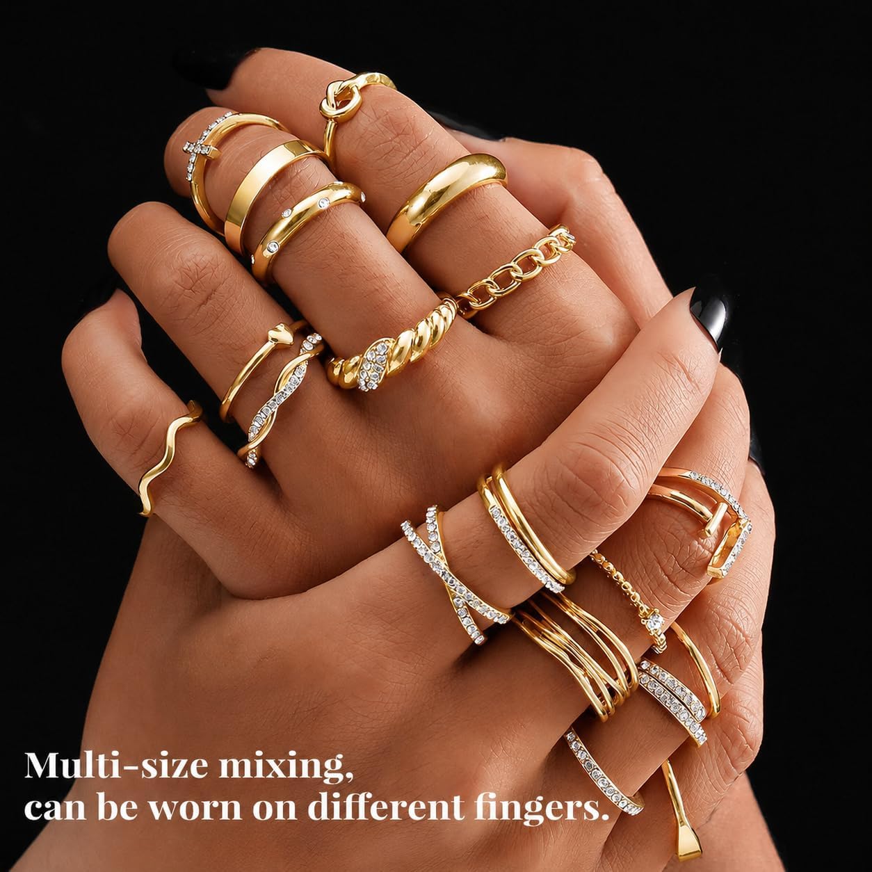 20Pcs Stackable Rings for Women, Gold Black Silver Knuckle Ring Set, Dainty Chunky Statement Rings for Daily Wear Party Wedding Travel