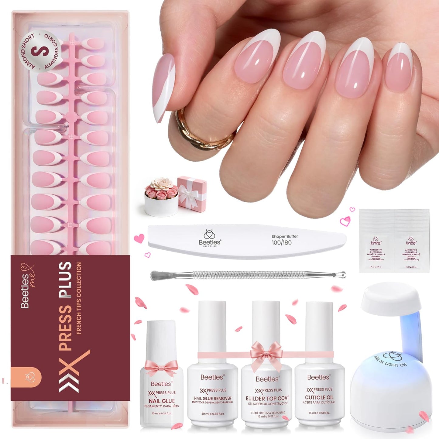 Beetles French Tips Press On Nails: 150 Pcs Pink Short Square Press On Nails Fake Nail Tips, Reusable Acrylic Gel Nail False Nails Art DIY Gifts For Women