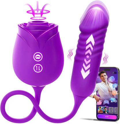 Vibrator Dildo Sex Toys for Women - Rose Sex Toy with Thrusting G Spot Vibrators & 10 Sucking Modes for Clitoral Nipple Stimulation Anal Dildos Adult Sex Toys Games for Couples Sex Machine