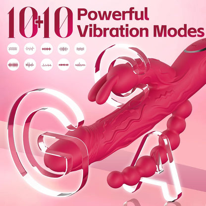 Rabbit G Spot Dildo Vibrator Adult Sex Toys for Women, 3 in 1 Vaginal Anal Beads Clitoris Double 10 Vibration Modes Silicone Nipple Stimulator Massager for Female Couple Play & Games (Rose Red)