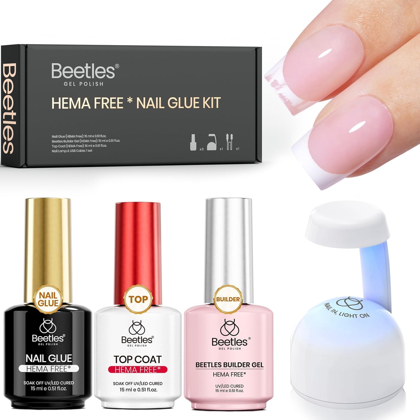 Beetles French Tips Press On Nails: 150 Pcs Pink Short Square Press On Nails Fake Nail Tips, Reusable Acrylic Gel Nail False Nails Art DIY Gifts For Women