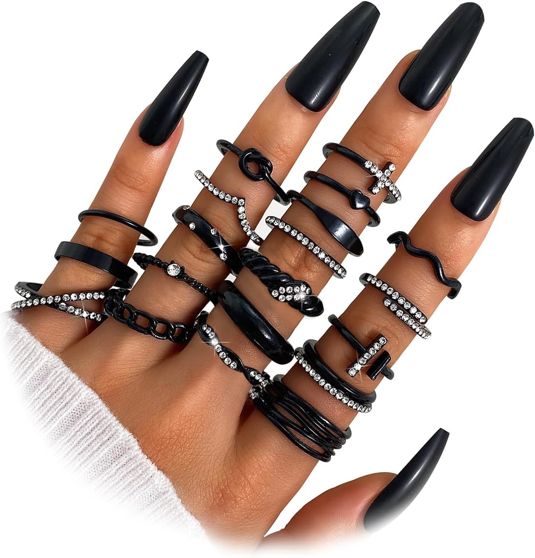 20Pcs Stackable Rings for Women, Gold Black Silver Knuckle Ring Set, Dainty Chunky Statement Rings for Daily Wear Party Wedding Travel
