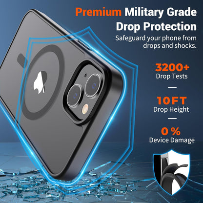Magnetic for iPhone 14 Case & iPhone 13 Case (Compatible with MagSafe)(Military Grade Drop Protection) Translucent Matte Shockproof Phone Cover,Black