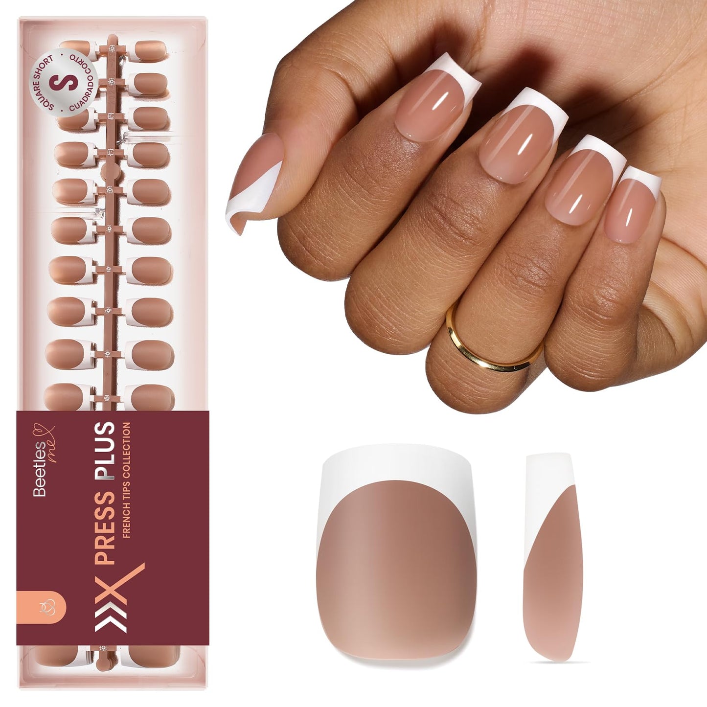 Beetles French Tips Press On Nails: 150 Pcs Pink Short Square Press On Nails Fake Nail Tips, Reusable Acrylic Gel Nail False Nails Art DIY Gifts For Women