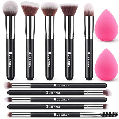 BEAKEY Makeup Brushes Set, Professional Foundation Eyeshadow Concealer Blush Powder Bronzer Applicator, 2 Blender Sponge with Beauty Paper Case