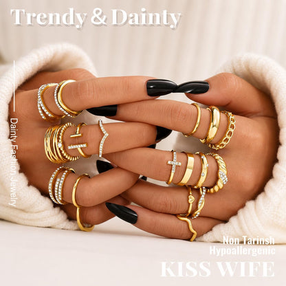 20Pcs Stackable Rings for Women, Gold Black Silver Knuckle Ring Set, Dainty Chunky Statement Rings for Daily Wear Party Wedding Travel