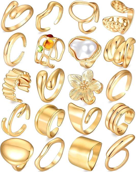 20 Pcs Gold Ring Set for Women, Chunky Statement Flower Finger Midi Rings, Big Boho Stacking Rings Pack Trendy Stuff Jewelry Gift