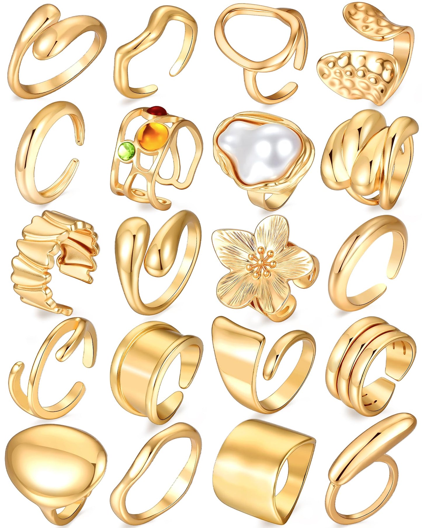 20 Pcs Gold Ring Set for Women, Chunky Statement Flower Finger Midi Rings, Big Boho Stacking Rings Pack Trendy Stuff Jewelry Gift