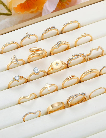 Dodder Gold Stackable Rings Set for Women, Gold Plated Chunky Crystal Finger Midi Stacking Rings, Dainty Statement Thumb Knuckle Rings Pack for Gift, Multiple Sizes Jewelry