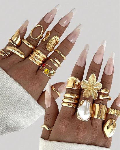 20 Pcs Gold Ring Set for Women, Chunky Statement Flower Finger Midi Rings, Big Boho Stacking Rings Pack Trendy Stuff Jewelry Gift