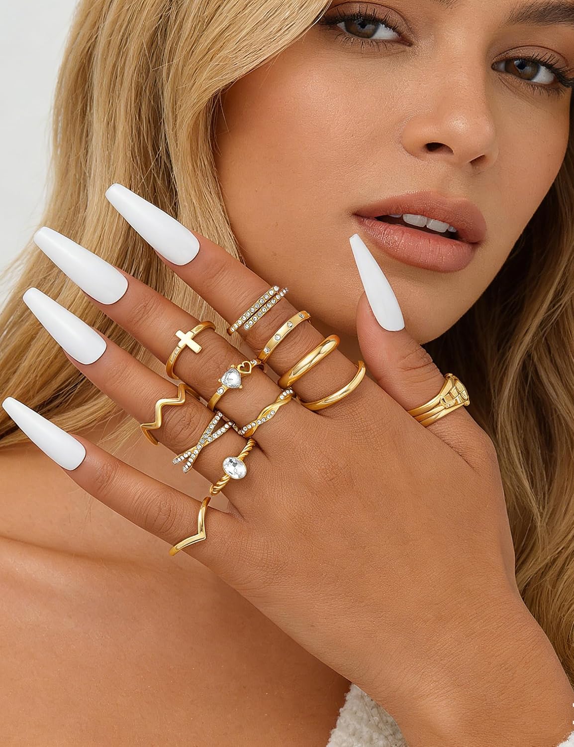 Dodder Gold Stackable Rings Set for Women, Gold Plated Chunky Crystal Finger Midi Stacking Rings, Dainty Statement Thumb Knuckle Rings Pack for Gift, Multiple Sizes Jewelry