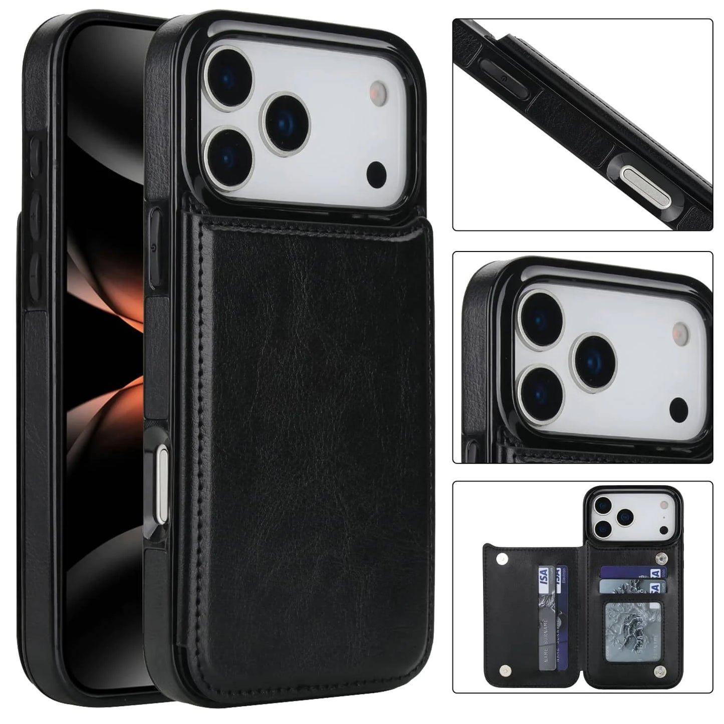 For iPhone 17 Pro Max Air Wallet Case With Card Holder,PU Faux Leather Kickstand Card Slots Case, Double Magnetic Clasp Cover