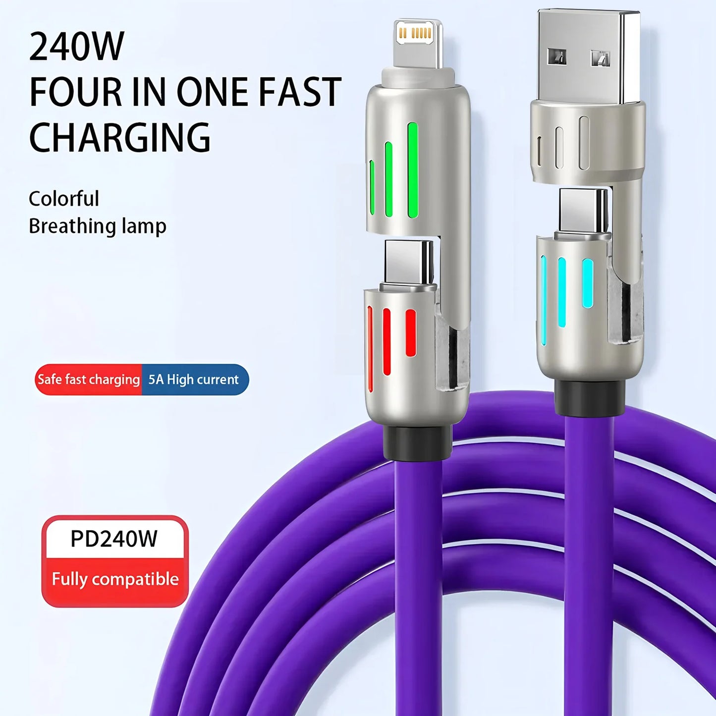 4-in-1 240W USB Type C Silicone Fast Charging Cable, For iPhone Huawei Samsung Xiaomi Durable Type-C To USB A Cable