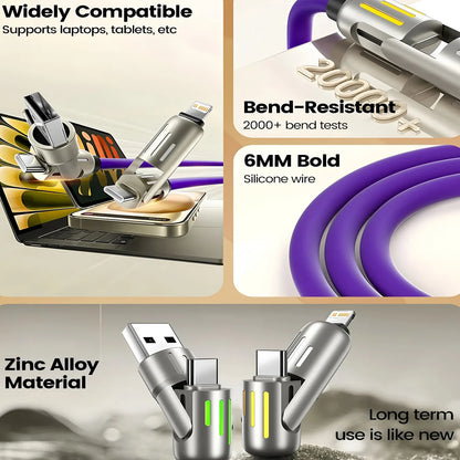4-in-1 240W USB Type C Silicone Fast Charging Cable, For iPhone Huawei Samsung Xiaomi Durable Type-C To USB A Cable