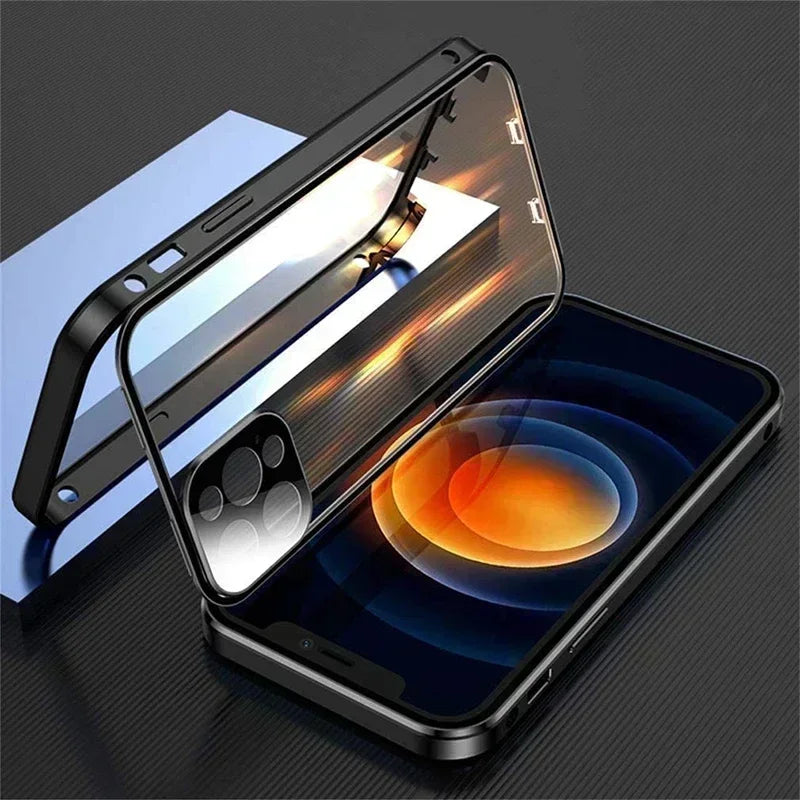 Metal Magnetic Double-Sided Buckle Glass Case For iPhone 16 15 14 13 12 Pro Max Plus 360° Full Cover Protection Shockproof Cover