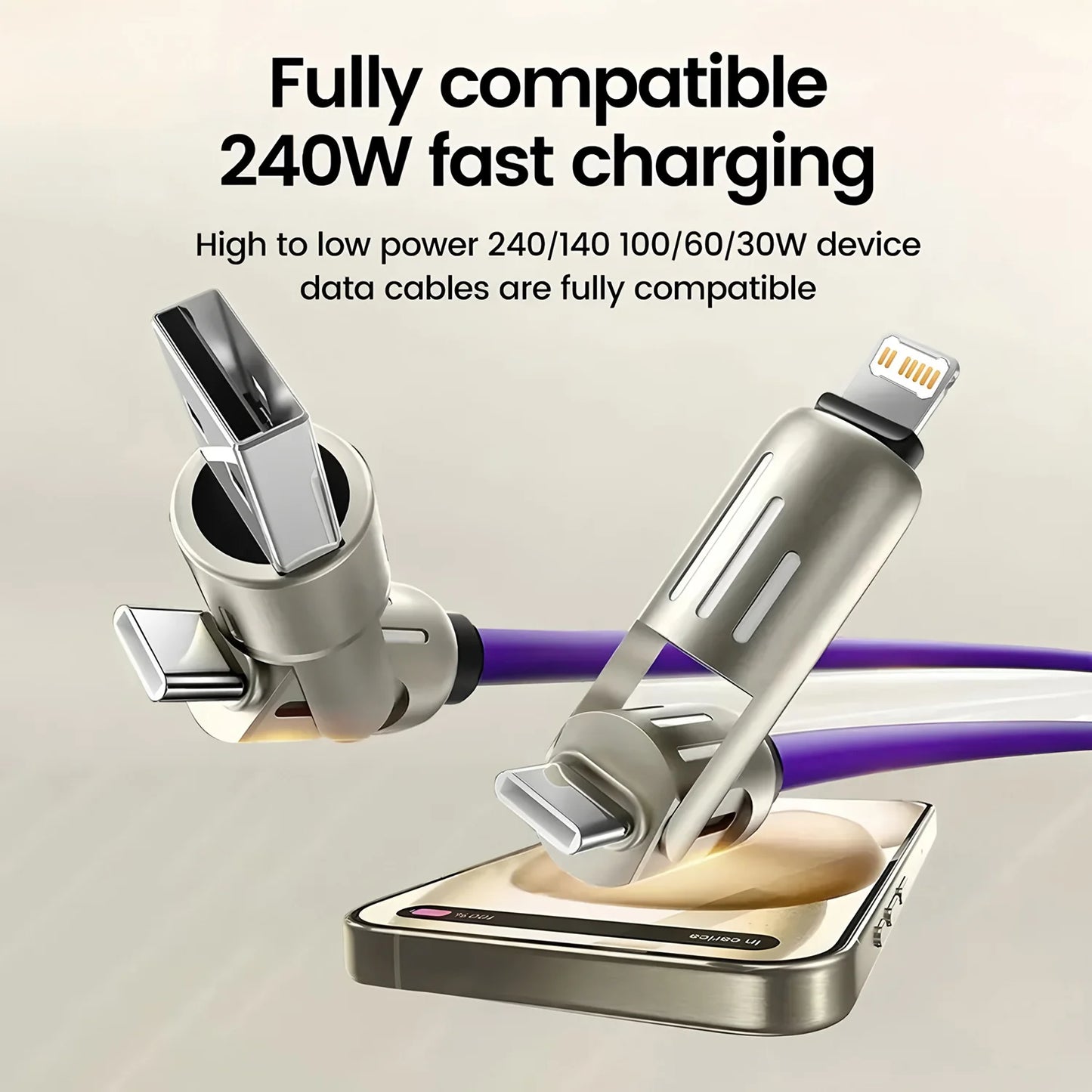 4-in-1 240W USB Type C Silicone Fast Charging Cable, For iPhone Huawei Samsung Xiaomi Durable Type-C To USB A Cable