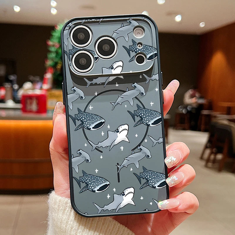 Whale Patterned Magnetic Case For iPhone 17 16 15 14 13 Pro Max For Magsafe Wireless Charge Shockproof Lens Protect Phone Cover