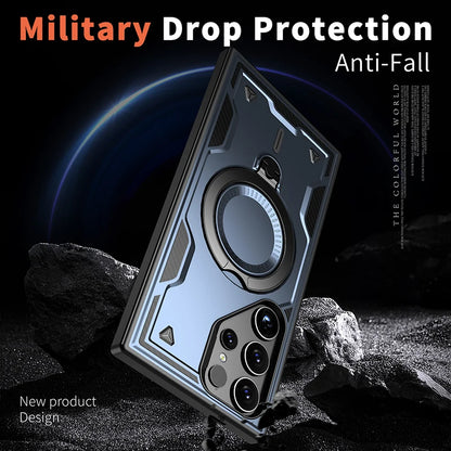 For Magsafe Magnetic 360°Rotat Metal Car Bracket Armor Phone Case For Samsung S26 Ultra S26 Plus S26 Hard PC+Soft TPU Back Cover
