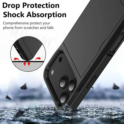 Case For iPhone 17 Pro Max 16 Pro Max 17e 15 14 13 12 11 Wallet Card Holder Slide Slot Slim Hard PC Heavy Duty Protective Covers