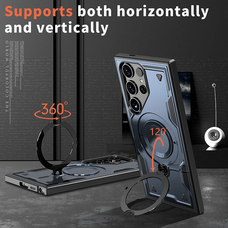 For Magsafe Magnetic 360°Rotat Metal Car Bracket Armor Phone Case For Samsung S26 Ultra S26 Plus S26 Hard PC+Soft TPU Back Cover