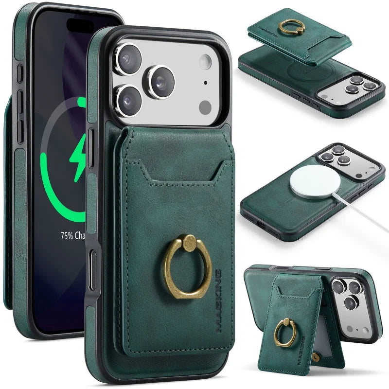 Ring Leather For Magsafe Wallet Phone Case for iPhone 17 Pro Max 17E 16 16E 15 Plus 14 13 12 Card Slots Holder Cover Hoesje Etui