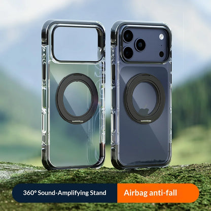 Real Airbag Anti-knock for Magsafe Case for iPhone 17 15 16 Pro Max 17Pro Transparent Back Metal Rotating Bracket Stand Cover