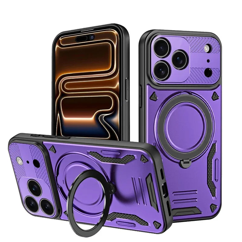 For Magsafe Magnetic Wireless Charging 360°Rotating Metal Stand Armored Phone Case For iPhone 16 15 11 12 13 14 17 Pro Max Cover
